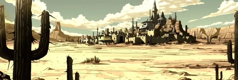 Space Spaghetti Western scene, A shot of a vast dry desert, Cactus, A town in the background. classic cinematic western.
--sref 84385943--ar 3:1