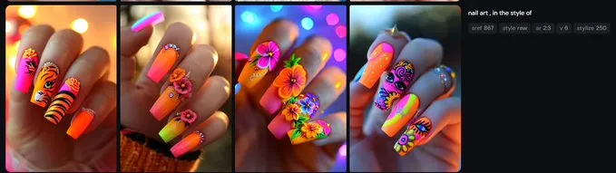 new test prompt - "nail art , in the style of --ar 2:3 --style raw --sref 867 --stylize 250 --v 6"  Girl, WHO Did your nails??  "--P 33sdt72"  Show me YOUR  #midjourney maincure in the 

use a  #sref #pcode emoji etc, & I made one  one for  #strawberry 
@HBCoop_ @aliejewls