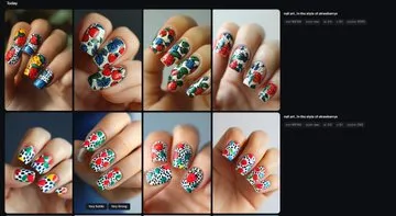 new test prompt - "nail art , in the style of --ar 2:3 --style raw --sref 867 --stylize 250 --v 6"  Girl, WHO Did your nails??  "--P 33sdt72"  Show me YOUR  #midjourney maincure in the 

use a  #sref #pcode emoji etc, & I made one  one for  #strawberry 
@HBCoop_ @aliejewls