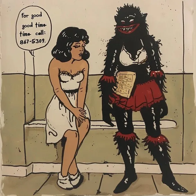 Morning Monsters | No. 25

--sref 8675309

Vintage cartoony feel that plays perfectly with the Tommy Tutone classic song 867-5309/Jenny.

 // Prompt

A monster and woman in a bathroom, text "for a good time call: Jenny 867-5309" written on a bathroom wall --style raw --sref