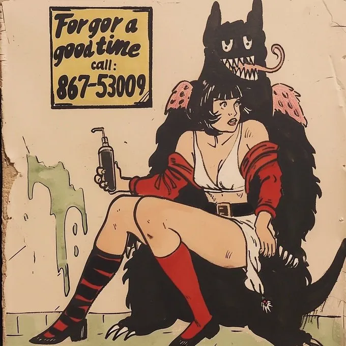 Morning Monsters | No. 25

--sref 8675309

Vintage cartoony feel that plays perfectly with the Tommy Tutone classic song 867-5309/Jenny.

 // Prompt

A monster and woman in a bathroom, text "for a good time call: Jenny 867-5309" written on a bathroom wall --style raw --sref