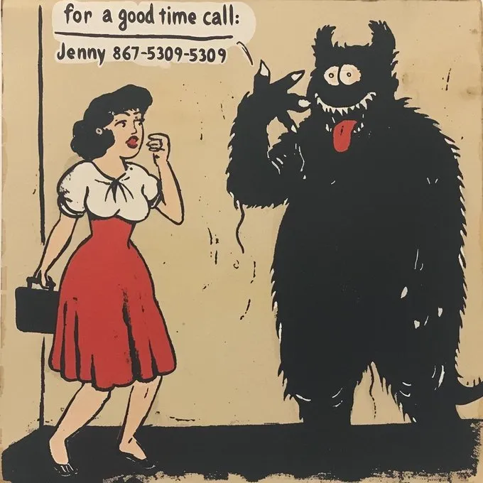 Morning Monsters | No. 25

--sref 8675309

Vintage cartoony feel that plays perfectly with the Tommy Tutone classic song 867-5309/Jenny.

 // Prompt

A monster and woman in a bathroom, text "for a good time call: Jenny 867-5309" written on a bathroom wall --style raw --sref