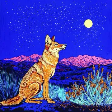 Combinaison de 2 codes --sref pour de belles illustrations colorées 

Prompt Midjourney :

(coyote) south california landscape, starry sky --sref 998194526 999437193 

Détail en 1er commentaire 